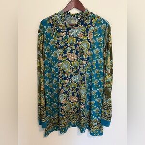 Susan Graver Women’s 3X Liquid Knit Blouse Top BlueGreen Scarf Print Long Sleeve